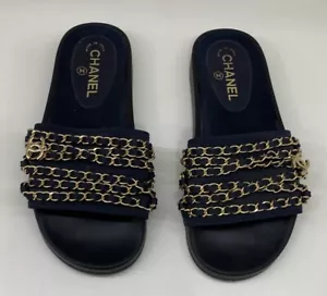 Chanel Women's Gold Turn-lock CC Original Navy slides -size 38 - Picture 1 of 10