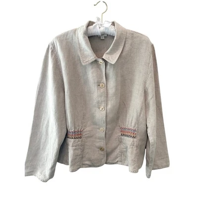 J.JILL | 100% Linen Button Front Jacket Beige Tan Rainbow Smocked Waist | XL - Image 1 of 4
