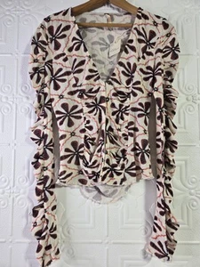 Free People Through the Meadow Ruched Mesh Top Ivory Comb Women's Size M NWT - Picture 1 of 15