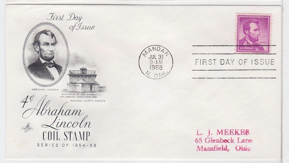 TurtlesTradingPost- Abraham Lincoln Coil- 1958 #1058a- Artcraft Cachet FDC - Image 1 of 1