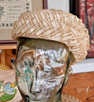 Sombrero tipo pastillero de paja marfil hecho vintage años 50 60 forro de encaje 22"" C Foto 1 de 4