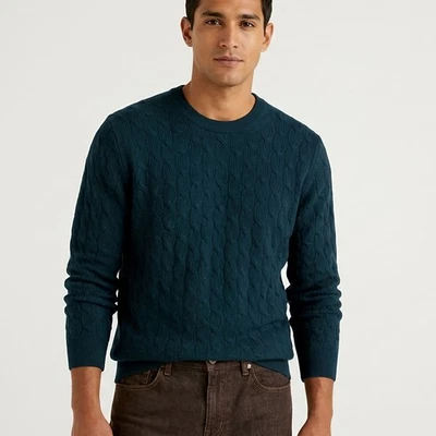 Club Monaco 100% Wool Cable Crew Sweater - Dark Teal - Men's XL - Image 1 of 4