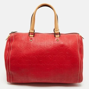 CH Carolina Herrera Red Monogram Embossed Leather Large Andy Boston Bag - Picture 1 of 10
