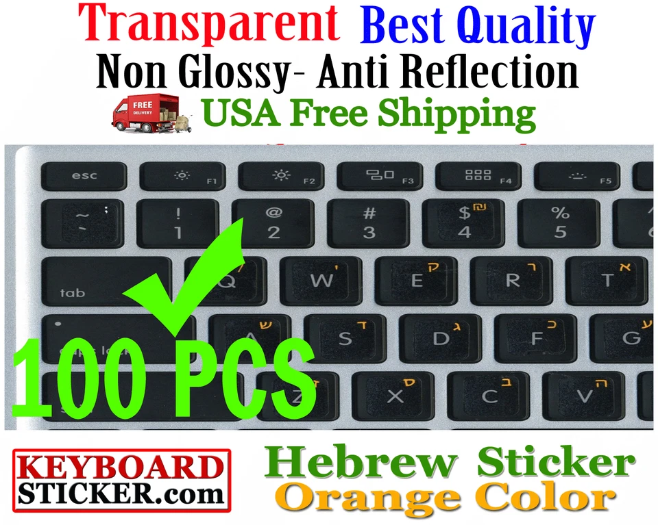 Hebrew Orange letters Keyboard Sticker Transparent Reseller 100 Pack DEAL!! - Image 1 of 2