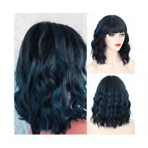Nnzes Wig with Bangs for Women Shoulder Length Bob Wavy Synthetic Black/Blue NEW - Picture 1 of 1