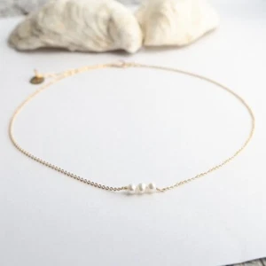 Triple Simulated Pearls Beautiful Chain Necklace For Wedding In 10K Yellow Gold - Picture 1 of 4