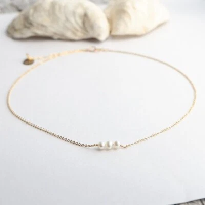 Triple Simulated Pearls Beautiful Chain Necklace For Wedding In 10K Yellow Gold - Image 1 of 4