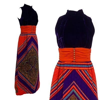 Maxi Vestido Acolchado Terciopelo Púrpura Diseñador Años 70 De Colección Foto 1 de 4