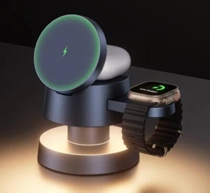 For iPhone 16/15/14 ProMax 4 in 1 Wireless Charging Station Cube wi/ Night-Lamp - Afbeelding 1 van 6