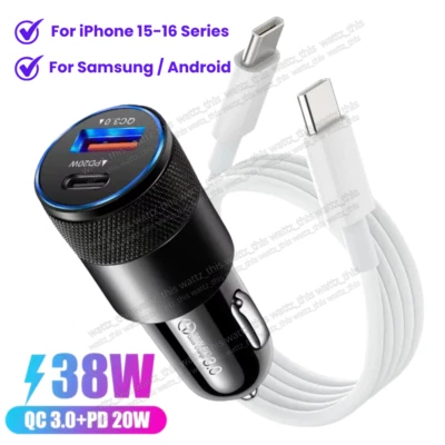 PD 38W Car Charger Fast Charge QC3.0 USB Adapter For iPhone 15 Pro Max 16 Plus - Image 1 of 4