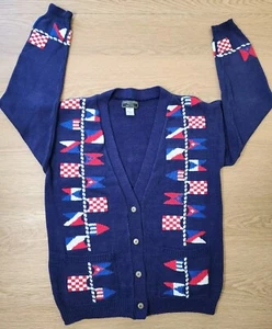 South Cotton Patriotic Cardigan Sweater M/L Hand Loomed   Vintage Red White Blue - Picture 1 of 8