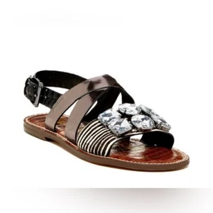 SAM EDELMAN Flat Leather Sandal Cow Hair Strappy Slingback Animal Print Shoe 6 - Picture 1 of 11