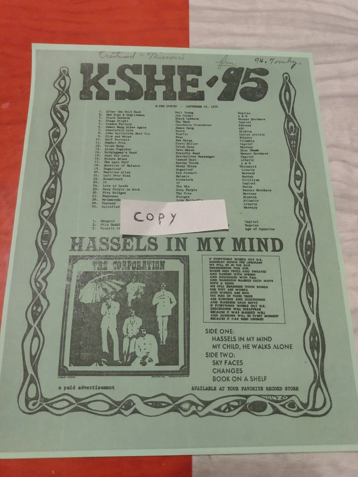 Kshe Survey September 16th 1970 Copy Of Original K-she - Image 1 of 1