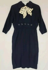 Vtg 40s 50s Navy Blue Collared Sheath Dress Polka-Dot Bow 3/4 Sleeve - Picture 1 of 13