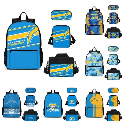Los Angeles Chargers Backpack 4PCS Book Bag Lunch Box Crossbody Bag Pencil Case Cover