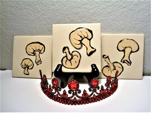 Vintage HANDPAINTED MUSHROOM TILES-Handpainted Glazed Mushroom 4.5" Sq. Tiles - Picture 1 of 6