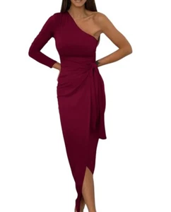Women Elegant Long Sleeve One Shoulder Cocktail Dress Bodycon Tie Waist Large - Picture 1 of 7
