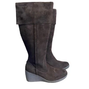 Hush Puppies Brown Suede Leather Zip Up Wedge Knee Lined Boots Size 9 - Picture 1 of 16