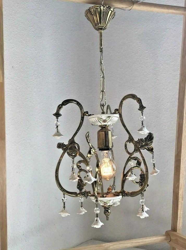 Antique Bronze Italian Capodimonte Roses Crystal Chandelier Pendant Light - Image 1 of 4