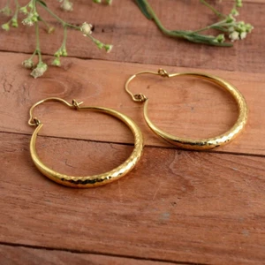 14k Gold Plated Tribal Handmade Textured Hoop Classic Round Earrings For Women - Picture 1 of 10