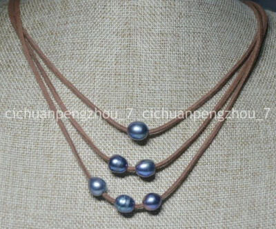 Collar de cuerda de cuero hecho a mano de perlas negras de Tahití naturales de 10x12 mm de 3 filas 18-20" Foto 1 de 4