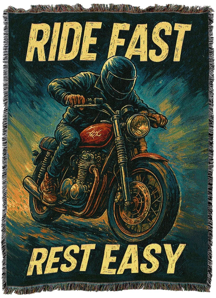 Ride Fast Rest Easy Tapestry Throw Blanket Woven from Cotton - Made in USA 62x82 - Image 1 of 1