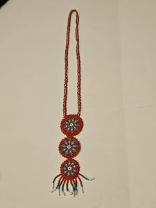 Seed Bead Medallion Star Fringe Pendant Necklace Red Blue Beadwork Vintage 12" - Picture 1 of 4