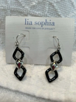 Lia Sophia “Axis” Silver & Black Enamel Double Triangle Drop Dangle Earrings - Image 1 of 4