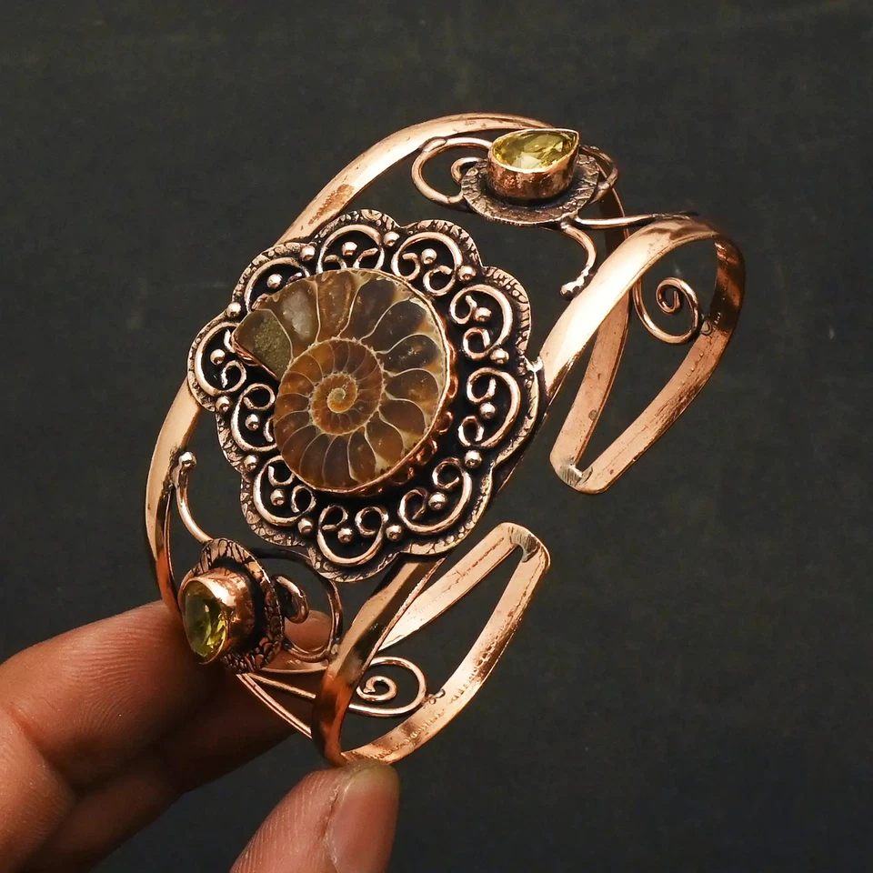 Brazalete ajustable de cobre puro citrino fósil de amonita joyería 30 gms AB 20400 Foto 1 de 1