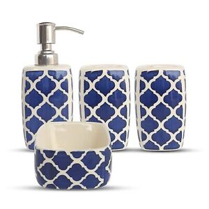 Ceramic Bathroom Accessories for Utility & Bathroom Decor Blue Printed Set Of 4