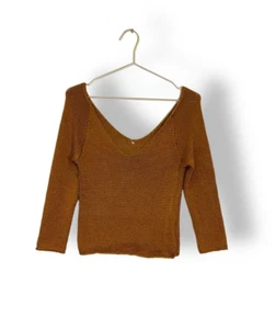 Free People Gold Shimmer Knit V Neck Pullover S - Picture 1 of 10
