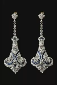 Victorian Lab Created Diamond & Sapphire Wedding 14K White Gold Finish Earrings - Picture 1 of 6