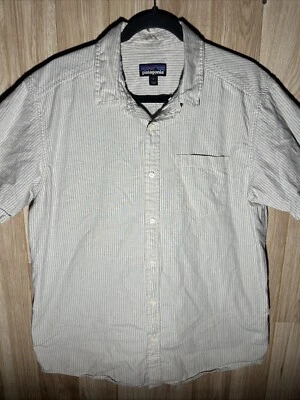 Patagonia Men’s Large Blue Yellow Striped Button Up Short Sleeve Shirt - Image 1 of 4
