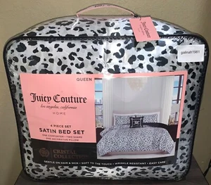 Juicy Couture Grey/Black Leopard Print Satin QUEEN 4p Set Comforter,Shams,Pillow - Picture 1 of 9