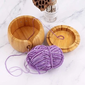 Bamboo Yarn Bowl,6.3X4.3 Inch Handmade Knitting Bowl Wool Holder with Lid DIY UK - Picture 1 of 8