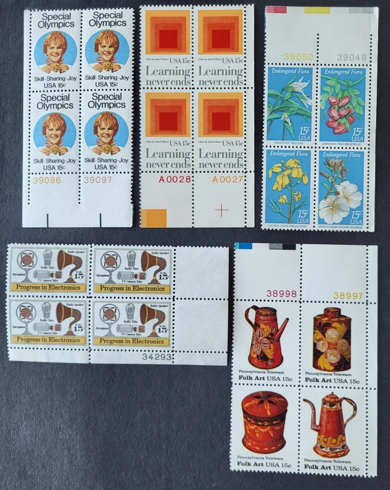 Five USA 15-cent plate blocks MNH - see description - Image 1 of 3