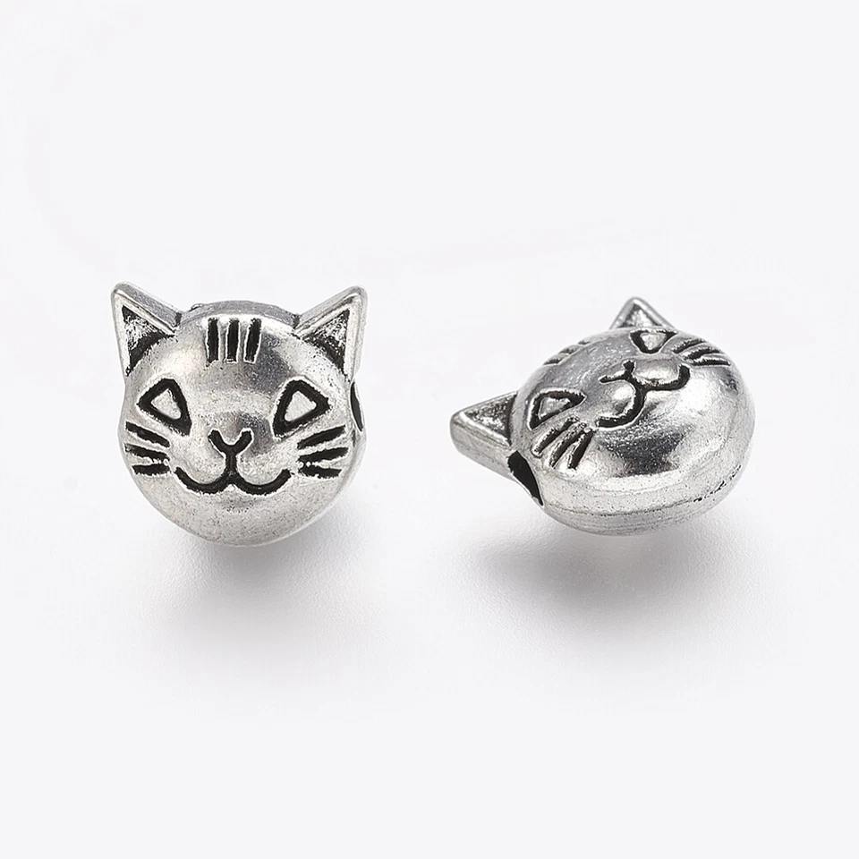 Cat Face Spacer Beads Tibetan Silver 8mm Double Sided 20pcs - Image 1 of 1