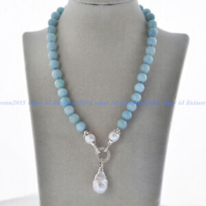  Natural Blue Aquamarine Gems Beaded White Baroque Pearl Pendant Necklace