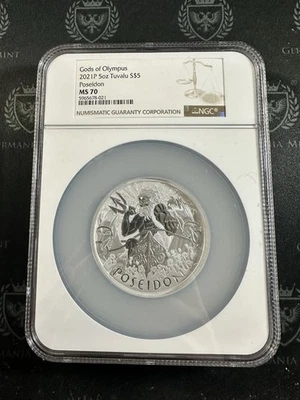 2021 P Tuvalu Gods of Olympus 5 oz Silver Poseidon NGC MS70 Oversized Slab - Image 1 of 2