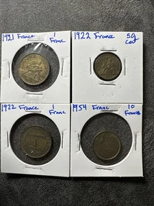 Lote de 4 monedas de Francia. Francos y céntimos 1921, 1922 X2, 1954. No magnético. - Imagen 1 de 17