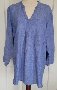 LL Bean Damen 100% Leinen Langarm V-Ausschnitt Tunika Top Blau 504285 XL ** Siehe Hinweis - Bild 1 von 16