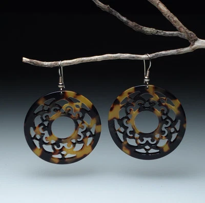 Round Faux Tortoise Shell Pierced Earrings Filigree Design Shepherds Hook 2.25"  - Image 1 of 4