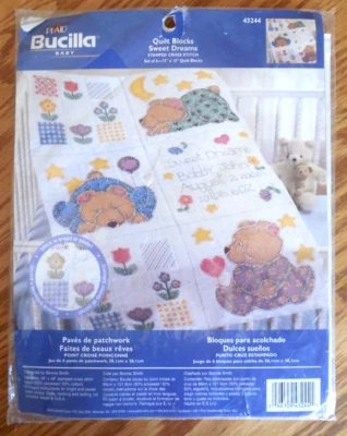 NEW!  Plaid Bucilla Stamped Cross Stitch Quilt Block Fabric "Sweet Dreams" Baby - Image 1 of 3