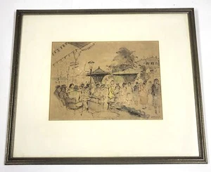 Arte escénico vintage de mercado de tinta y acuarela Cor Noltee 19" enmarcado BD367 - Imagen 1 de 6