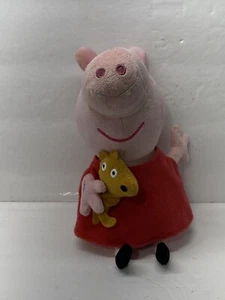 Peppa Pig Plush Toy by TY Beanie Doll 8" Holding Teddy Bear Red Dress - Picture 1 of 6