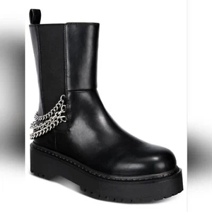New Wild Pair Rocksann Black Faux Leather Chain Detail Moto Boots 8.5 - Picture 1 of 7