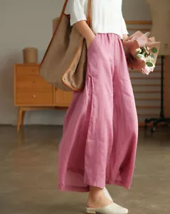 High Waist Casual Wide-leg Pants Women Summer Loose Cotton Linen Cropped Trouser - Picture 1 of 28