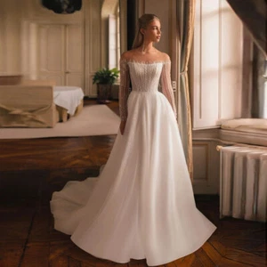 Elegant A-Line Wedding Dress Off Shoulder Long Sleeved Satin Sequin Bridal Gowns - Picture 1 of 9