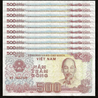 VIETNAM 500 Dong X 10 PCS 1988 P-101 HO CHI MINH 1/10 Bundle UNC Uncirculated - Image 1 of 4