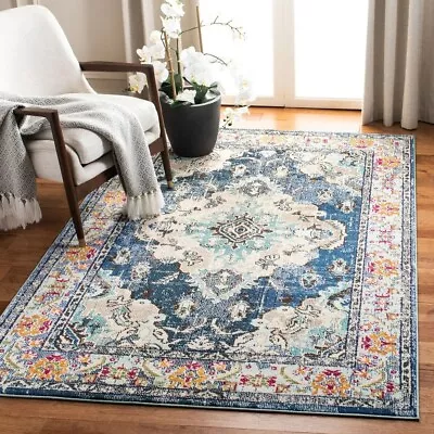 10x14 Rug Boho Area Vintage Style Carpet Navy Blue Decor Oriental Floral Retro - Image 1 of 3